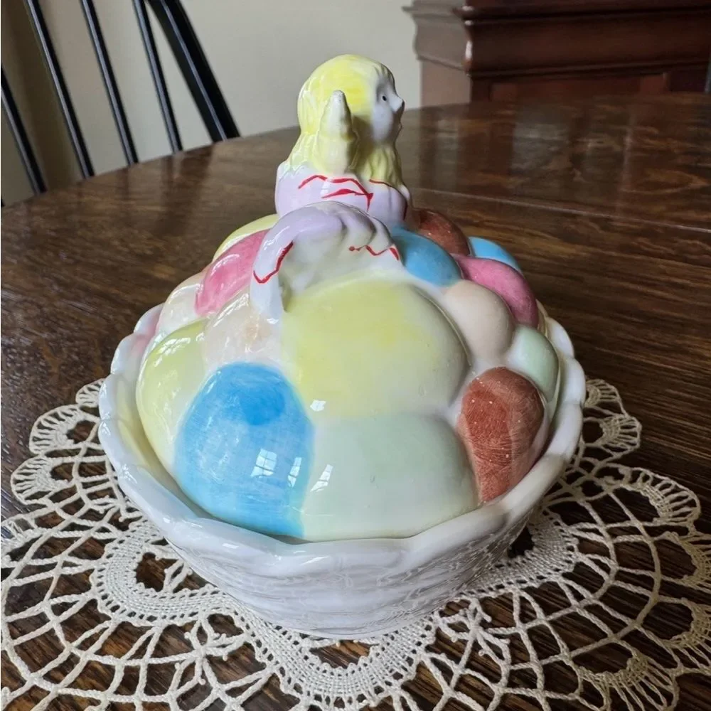Vintage 1970’s, Oval Ceramic, Easter Eggs Basket, Covered Candy Bowl. G13